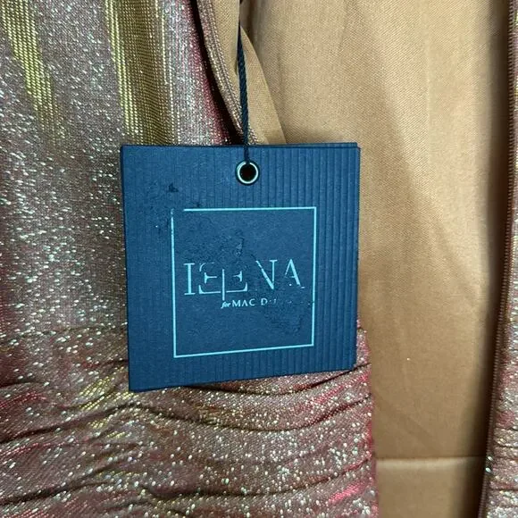 NWT IEENA for MAC DUGGAL 11248 Rust Draped Glitter High Neck Puff Sleeve Gown